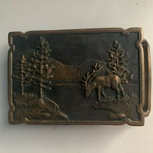Vintage Brass Belt Buckle Deer Woods